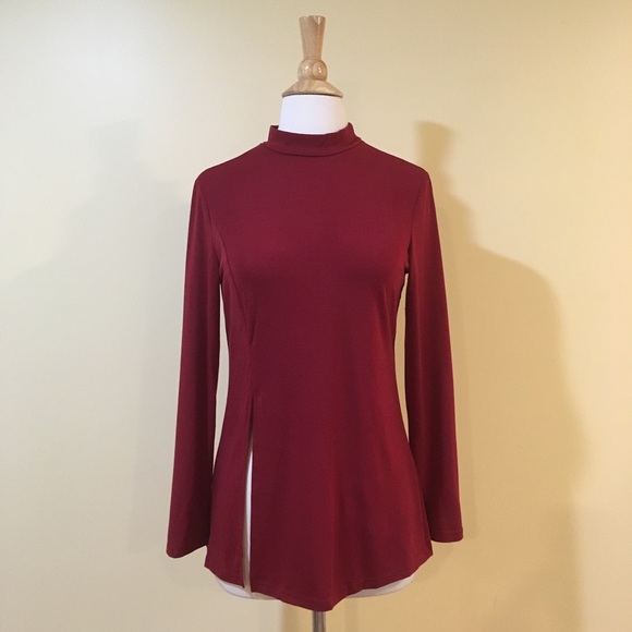 💥 SALE Side Split Mock Neck Long Sleeve Knit Top Burgundy - Picture 5 of 9